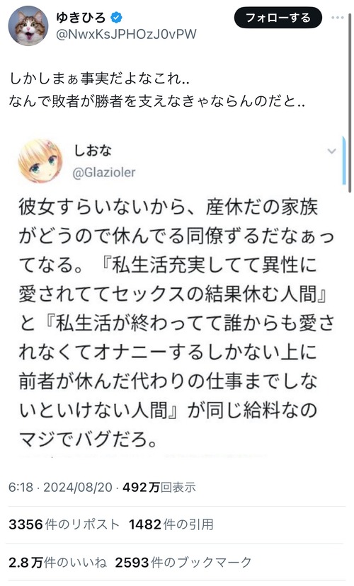 twitter民　産休社員にキレる「なんで誰からも愛されなかった俺が、異性に愛された人間を支えなきゃいけないんだ」