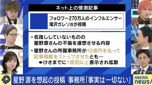 星野源不倫騒動について滝沢ガレソ「裏付ける証拠が集まらなかったため削除しました。」アミューズ公式からも声明が出る